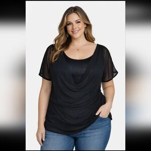 NWT AVENUE Women 14/16 Georgette Overlay Cowl-Neck Short Sleeve Solid Black Top